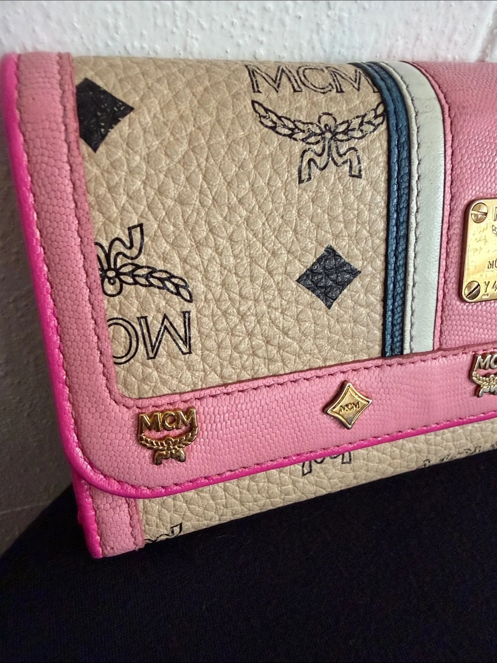 MCM Beige Logo Continental Wallet with Pink Trim and Blue-White Stripe
